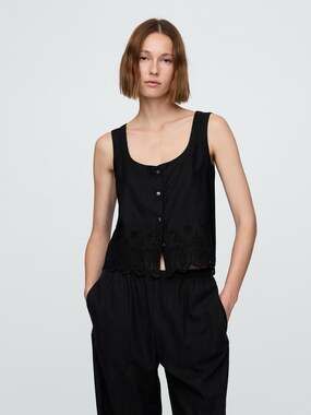 GAP Linen Blend Eyelet Top Blouse Women’s XL Black Sleeveless